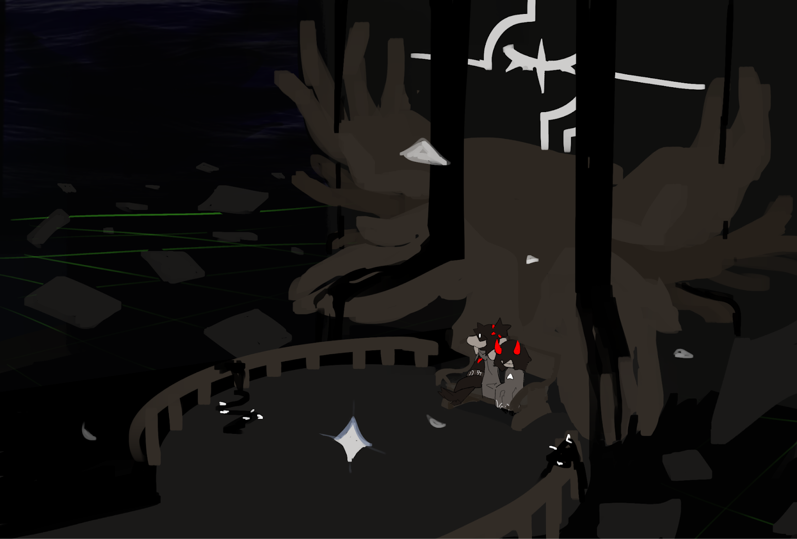 Concept art. A dark respite. A cascading darkness flows down a statue of hands. In front of it, Kris and Susie sit down on a bench; a SAVE Point in front.